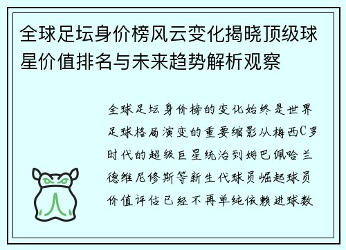 全球足坛身价榜风云变化揭晓顶级球星价值排名与未来趋势解析观察 全球足坛身价榜风云变化揭晓顶级球星价值排名与未来趋势解析观察